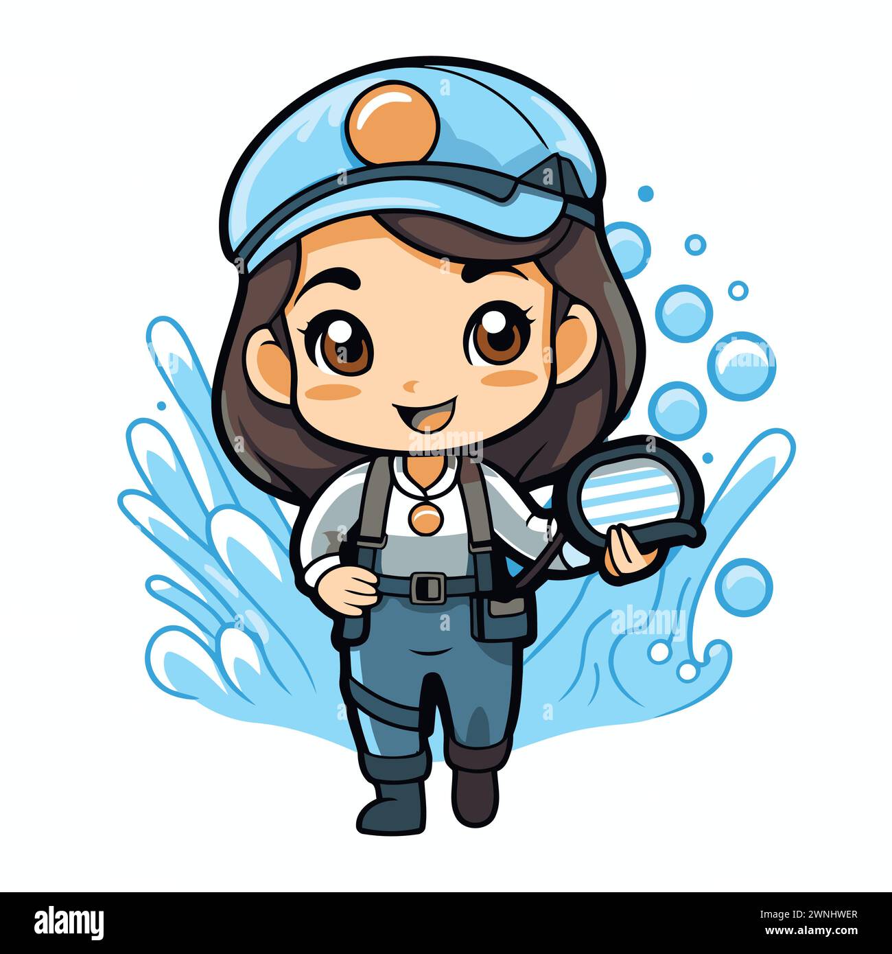 Vector illustration of Cute Little Girl in Police Uniform Holding Magnifying Glass Stock Vector