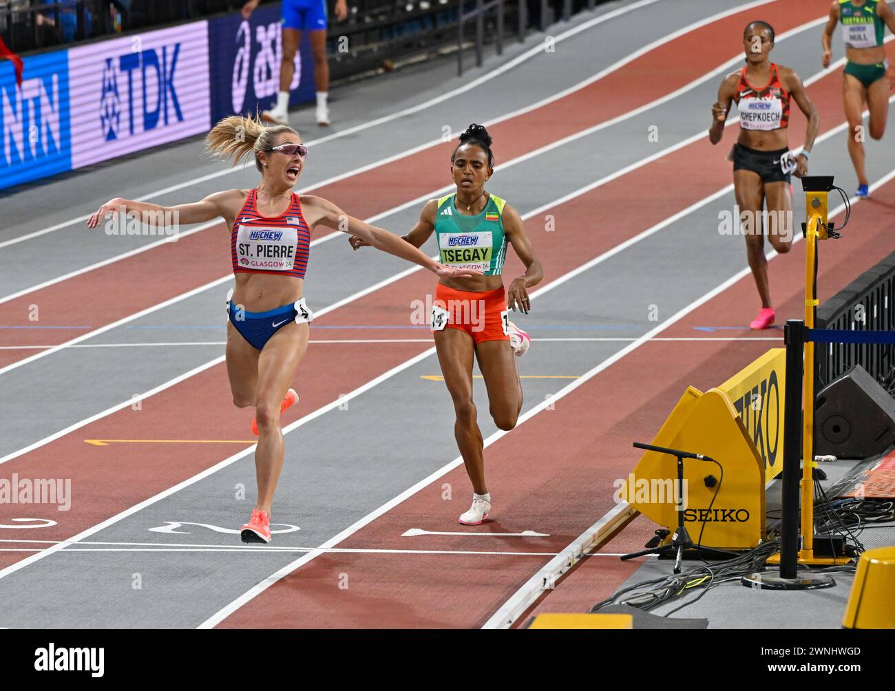 Glasgow, Scotland, UK. 02nd Mar, 2024. Elle ST. PIERRE (USA) 1st, Gudaf TSEGAY (ETH) 2nd, Beatrice CHEPKOECH (KEN) 3rd in the Womens 3000m Final during the World Indoor Athletics Championships at the Emirates Arena, Glasgow, Scotland, UK. Credit: LFP/Alamy Live News Stock Photo