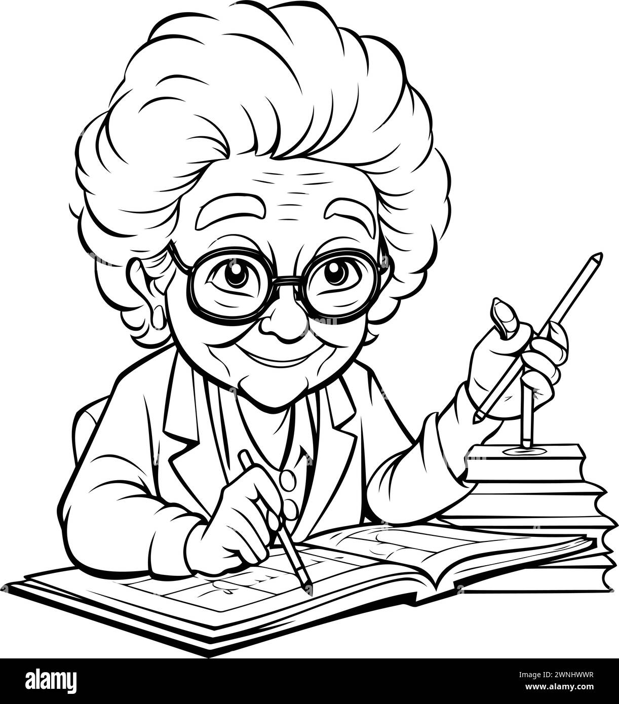 Vector illustration of Cartoon old woman teacher with books. Black and white version. Stock Vector