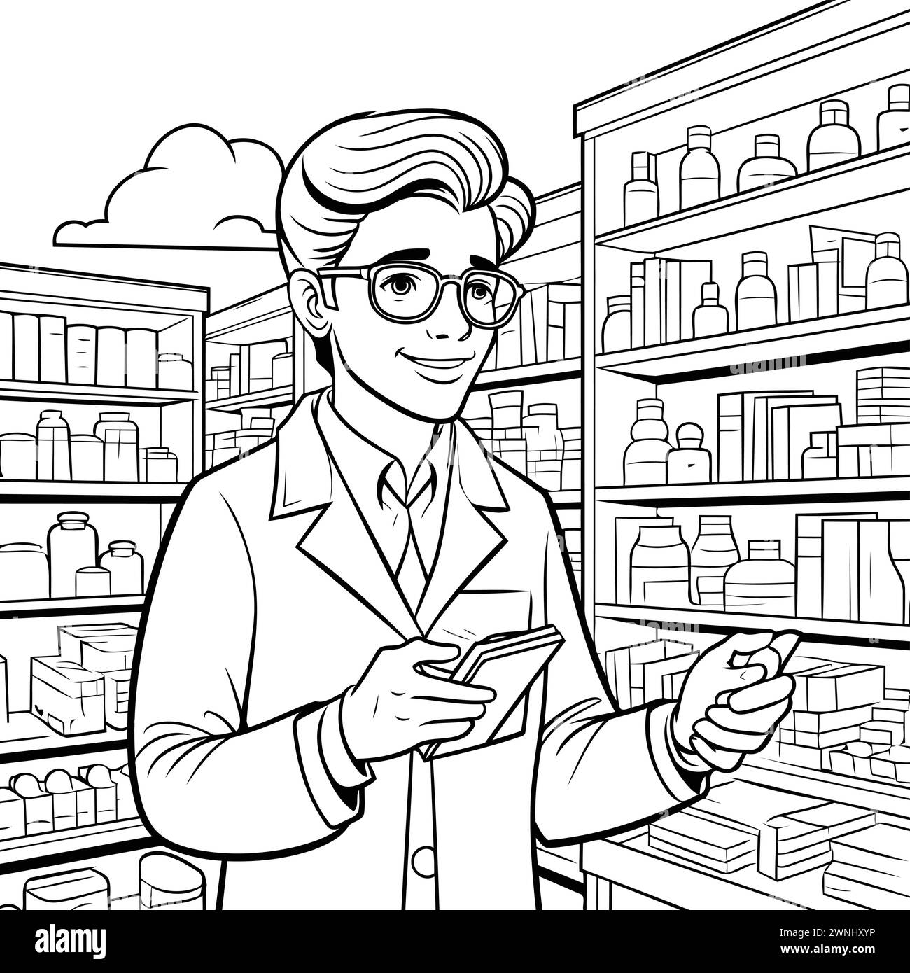 Black and white illustration of a pharmacist using a smartphone in a