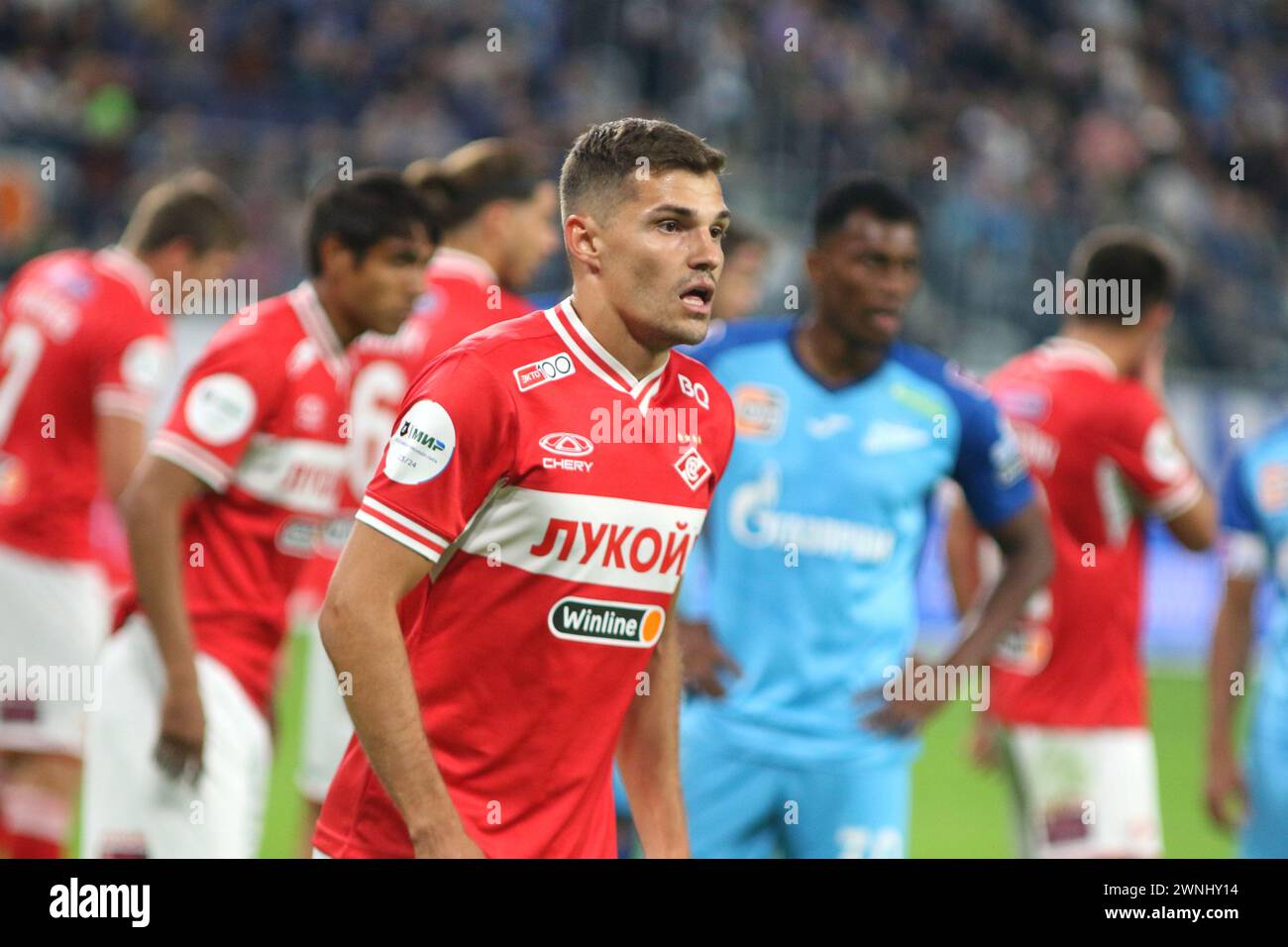 Saint Petersburg, Russia. 02nd Mar, 2024. Roman Zobnin (47) of Spartak seen in action during the Russian Premier League football match between Zenit Saint Petersburg and Spartak Moscow at Gazprom Arena. Final score; Zenit 0:0 Spartak. Credit: SOPA Images Limited/Alamy Live News Stock Photo