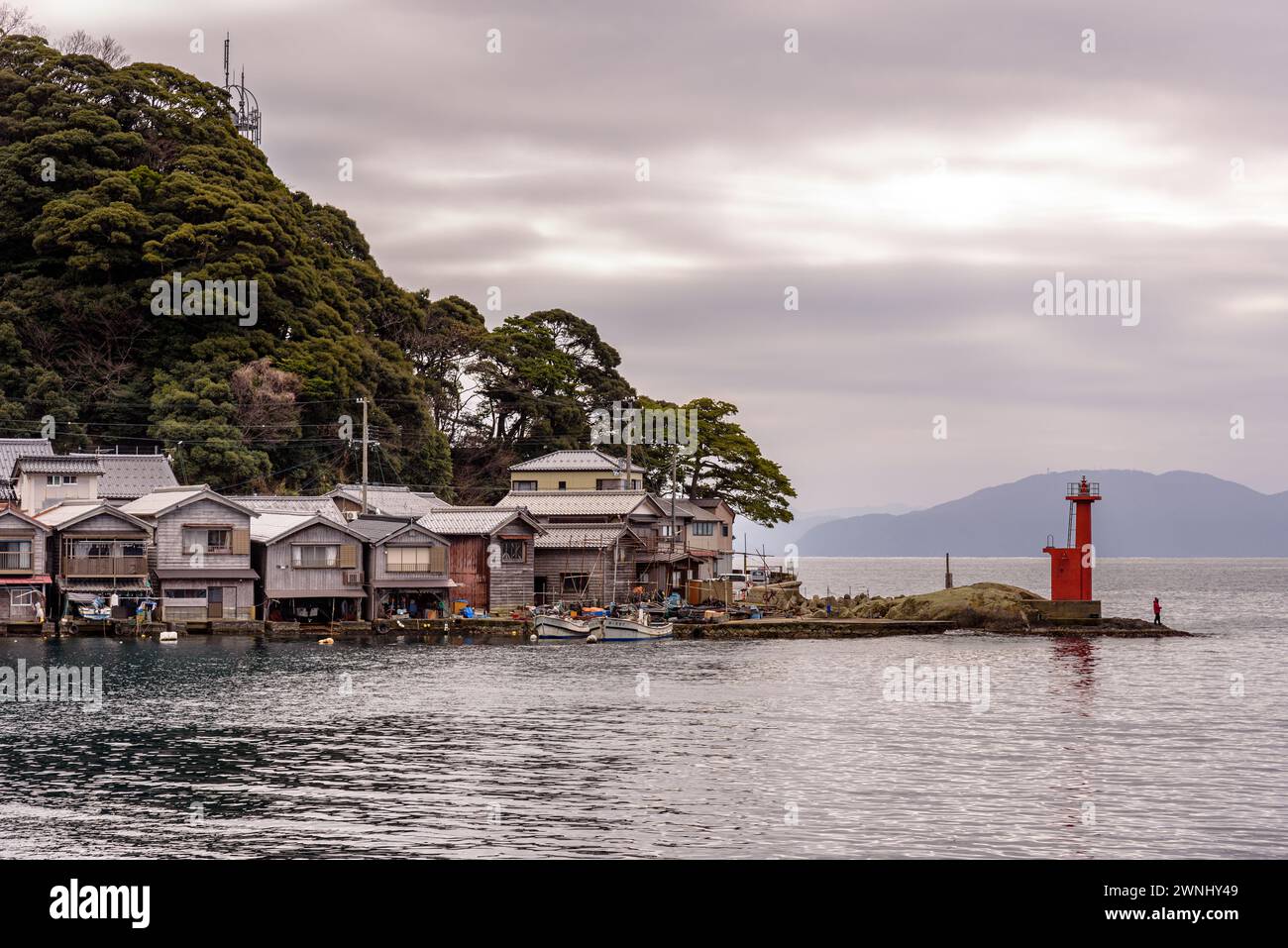 Traditional wooden fishermen Funaya boathouses in Ine north Kyoto prefecture on the Sea of Japan Stock Photo