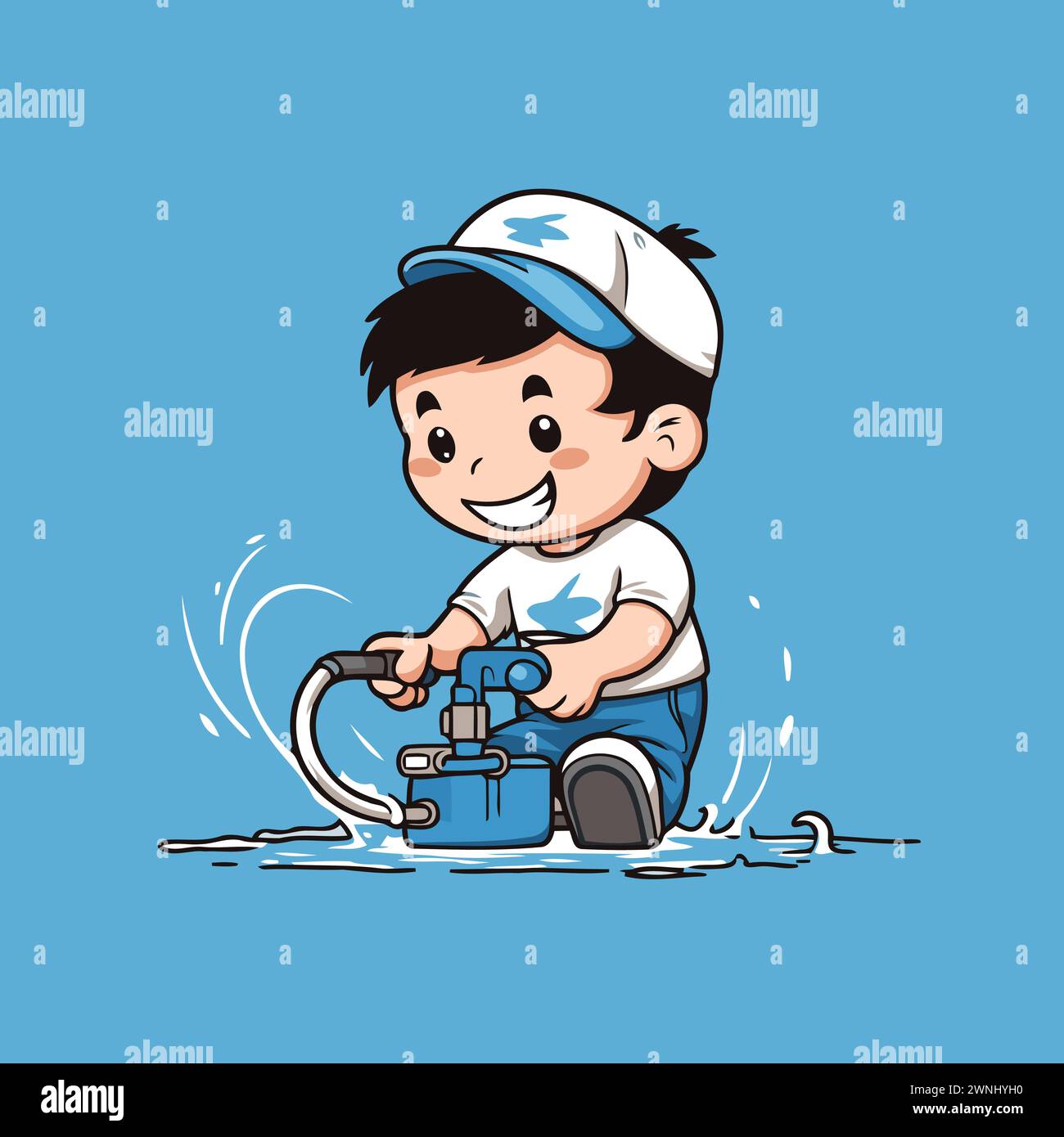 Boy playing with a water pump. Vector illustration on blue background. Stock Vector