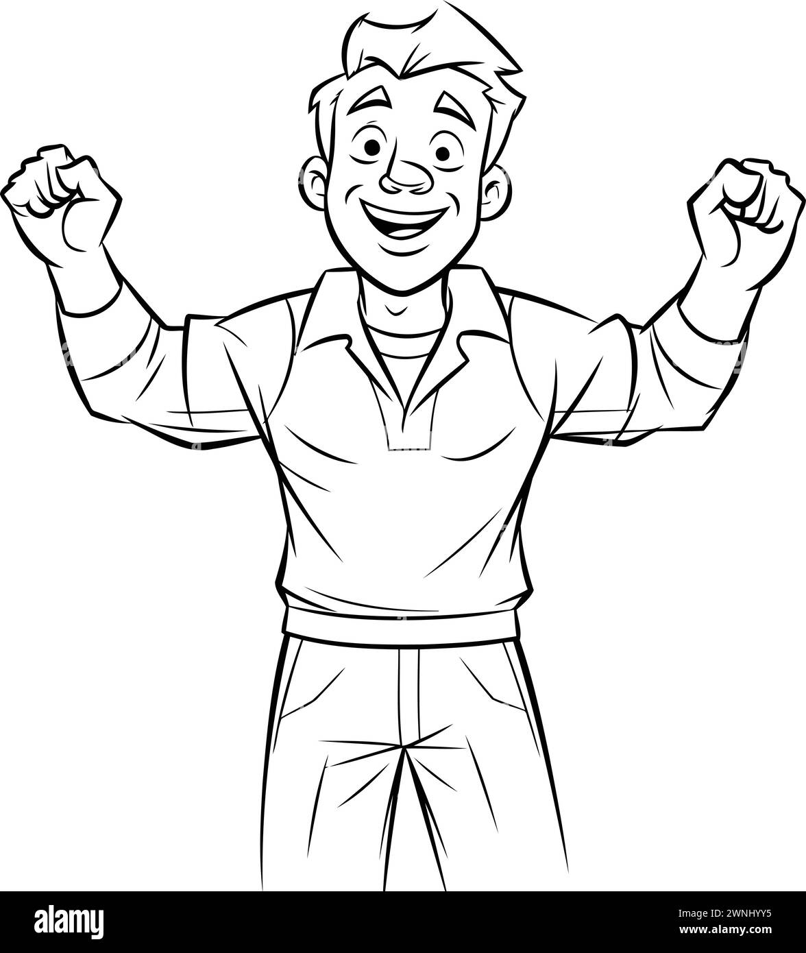 Black And White Cartoon Illustration Of A Happy Man Celebrating Success 