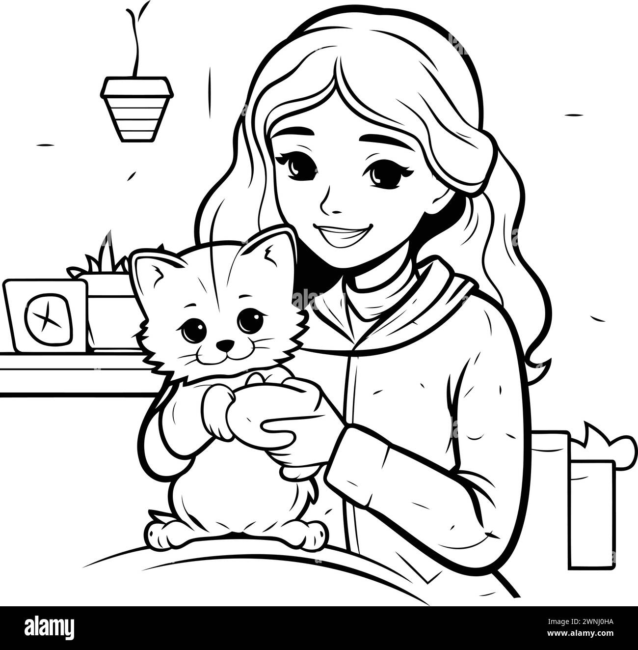 Girl With A Cat Black And White Vector Illustration For Coloring Book girl-with-a-cat-black-and-white-vector-illustration-for-coloring-book