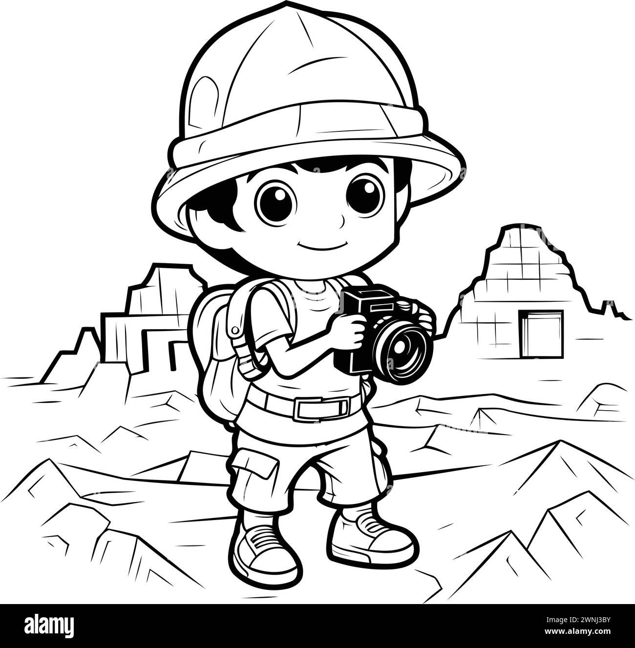 Illustration of a Kid Boy Wearing a Safety Helmet and Holding a Camera Stock Vector