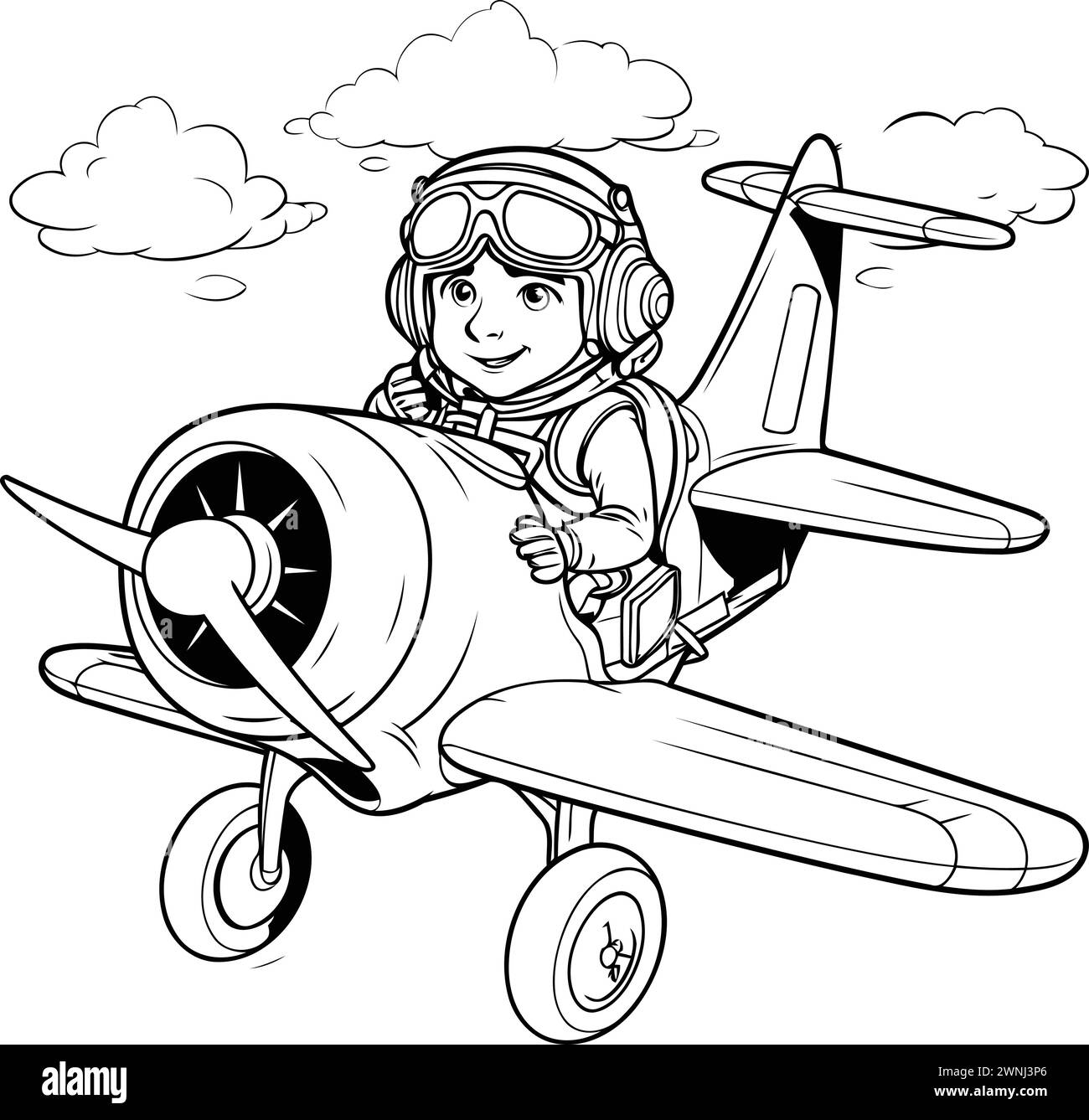 Vector illustration of Cartoon pilot with airplane. Coloring book for children. Stock Vector