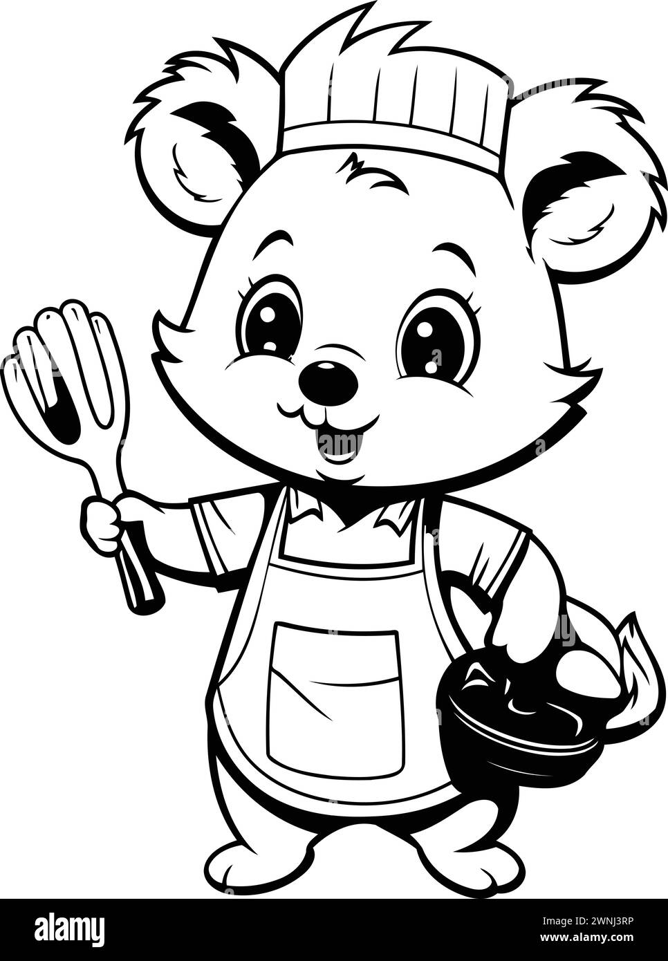 Black and White Cartoon Illustration of Cute Little Bear Chef Character for Coloring Book Stock Vector