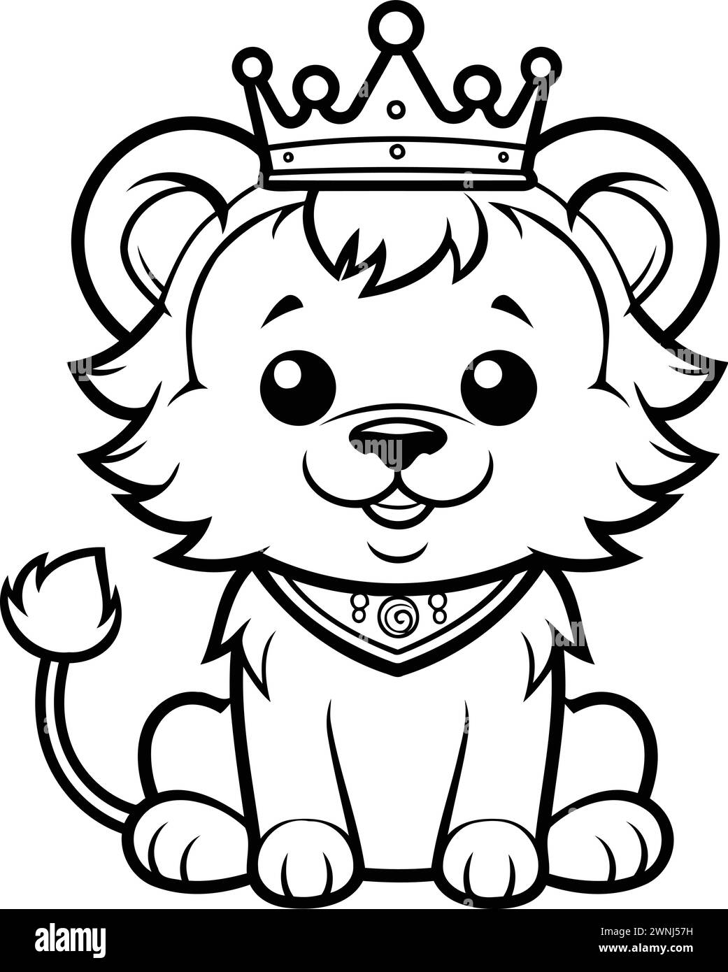 Black and White Cartoon Illustration of Lion King Animal Character for