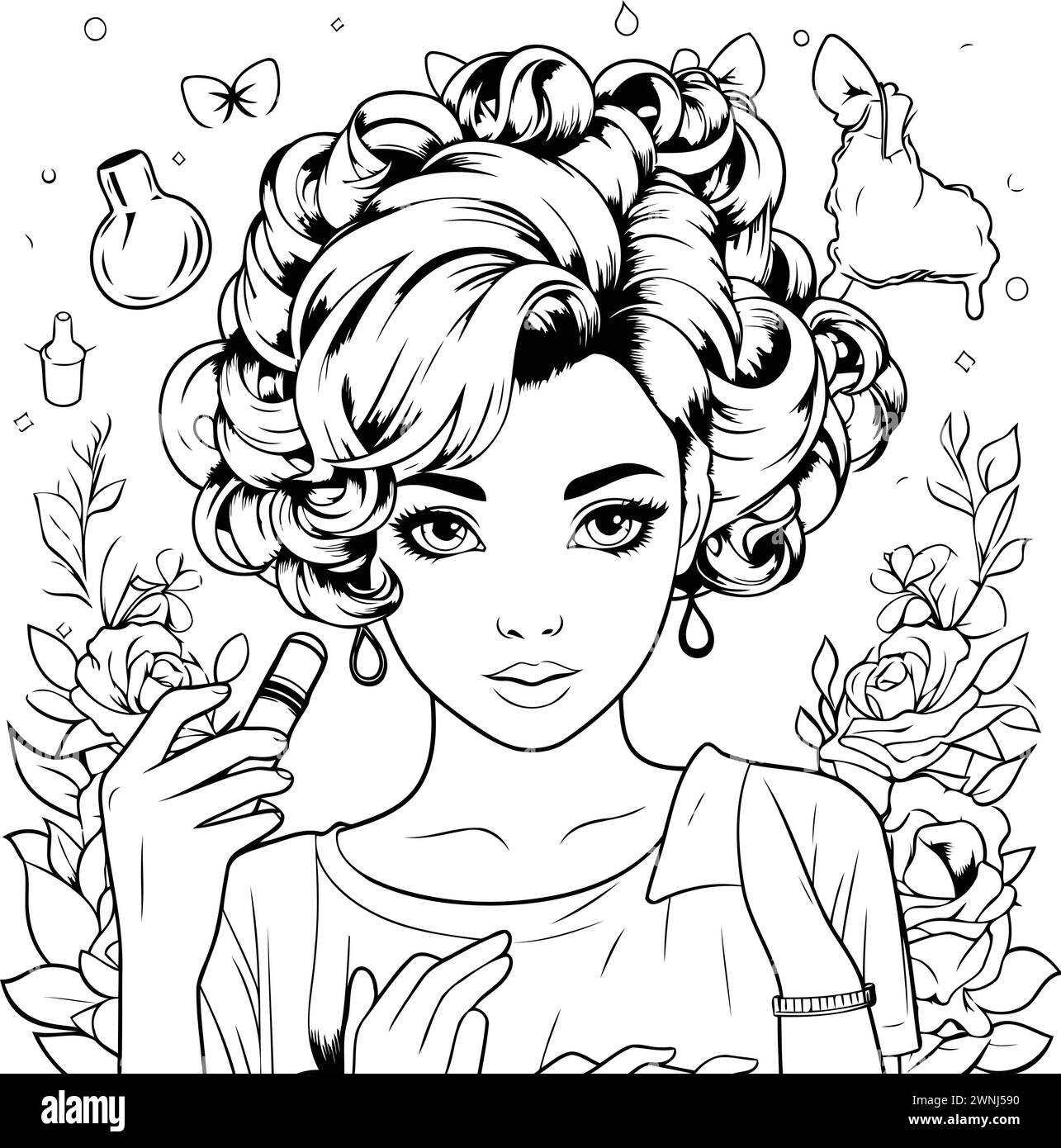 Beautiful girl with cosmetics. Vector illustration. Coloring page Stock ...