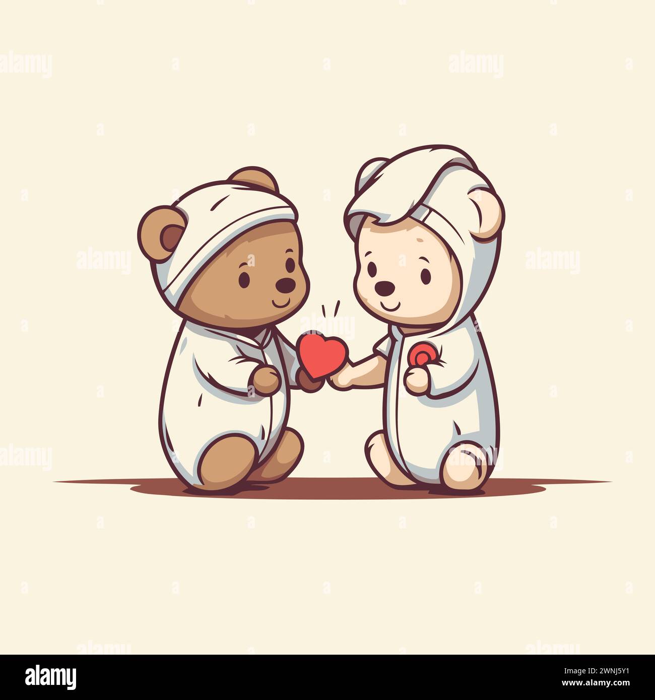 Teddy bear and teddy bear holding a red heart. Vector illustration