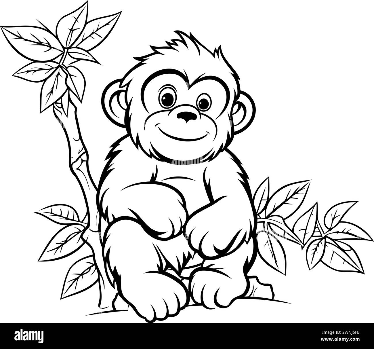 Cute monkey sitting on a branch of the tree. Vector illustration Stock