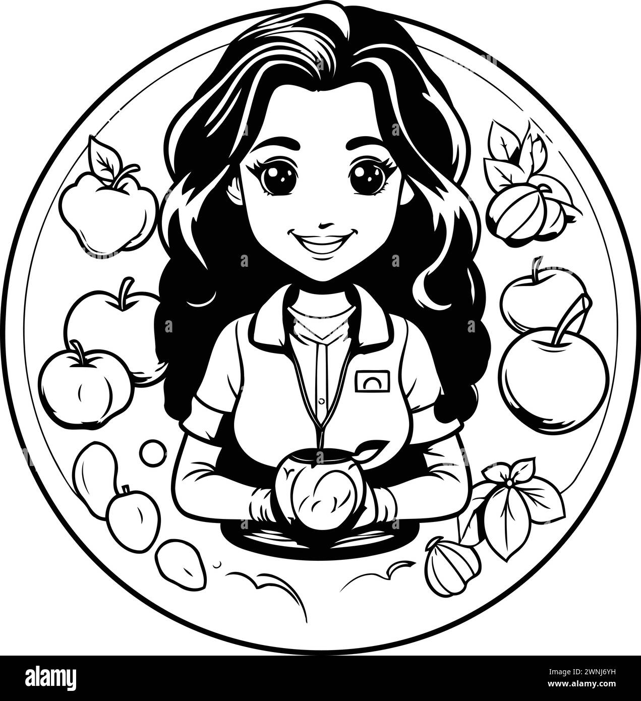 Cute cartoon girl with apples. Vector illustration. Coloring book for children. Stock Vector