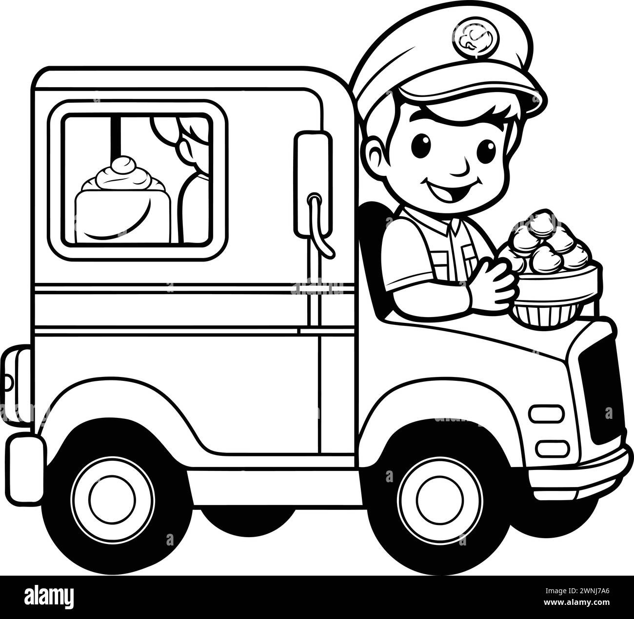 Food truck with a boy and ice cream. Black and white vector illustration. Stock Vector
