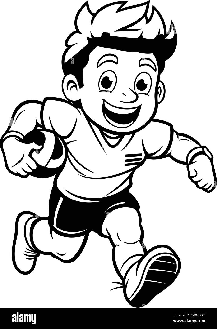 Running Boy - Black and White Cartoon Illustration. Isolated on White