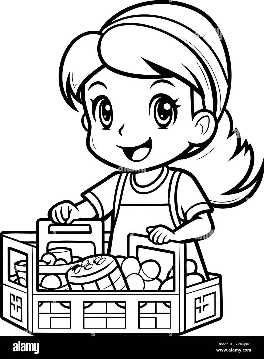 Black and White Cartoon Illustration of Cute Little Girl Shopping for a Basket of Food Coloring Book Stock Vector