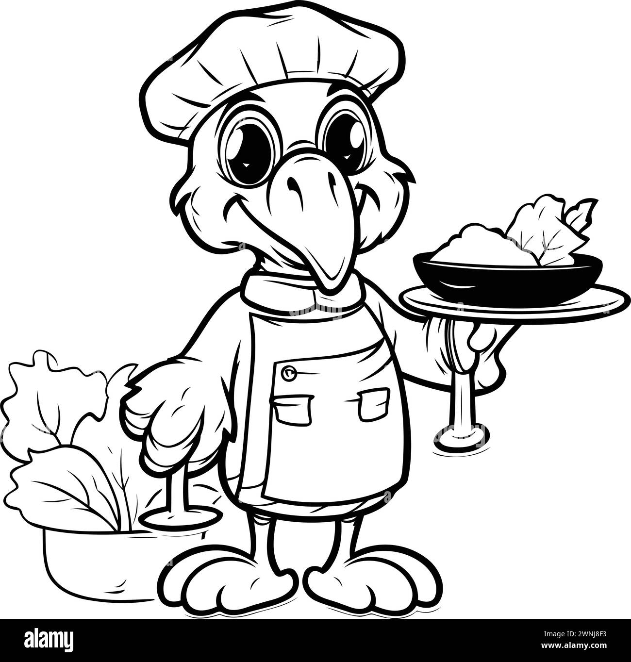Black and White Cartoon Illustration of Cute Bird Chef Character for Coloring Book Stock Vector