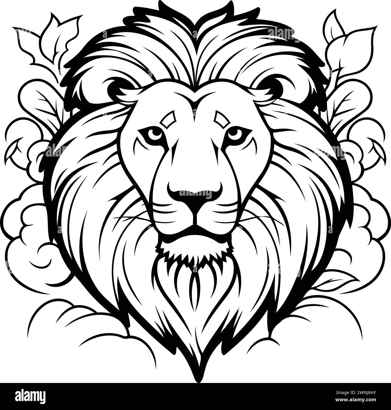 Lion head with floral ornament. Vector illustration in black and white. Stock Vector