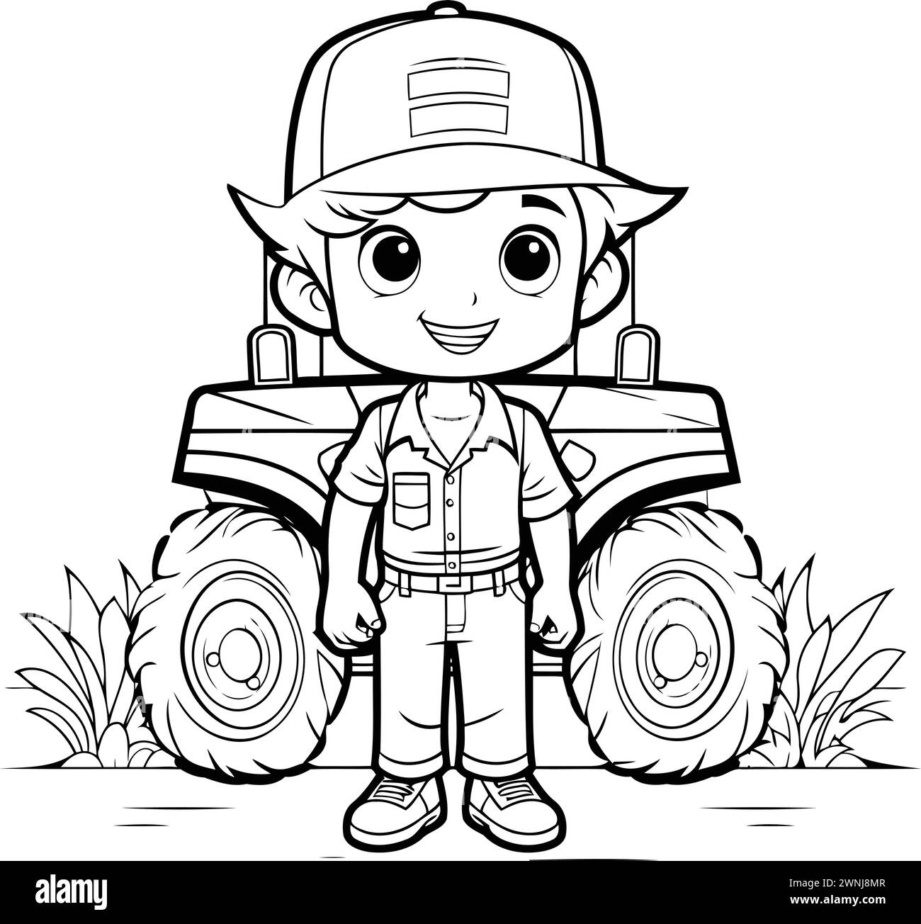 Black and White Cartoon Illustration of Kid Boy on Off Road Vehicle for