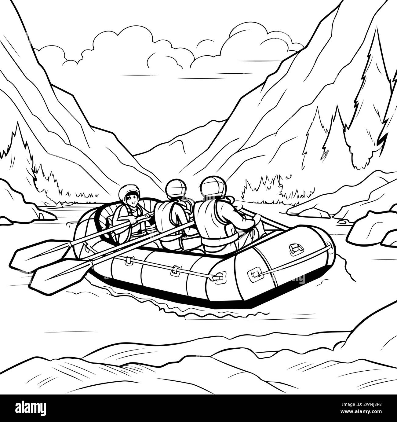 Group of people rafting on a mountain river. Black and white vector