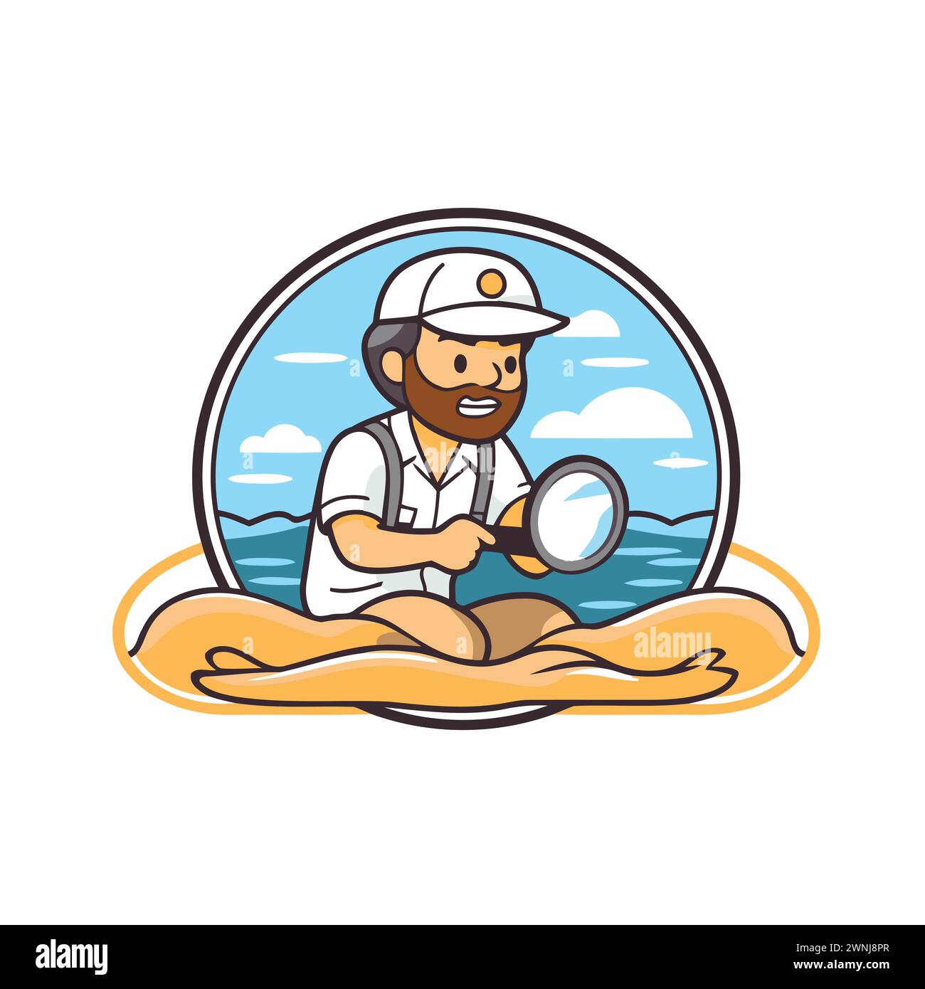 Vector illustration of a fisherman with a magnifying glass on the beach