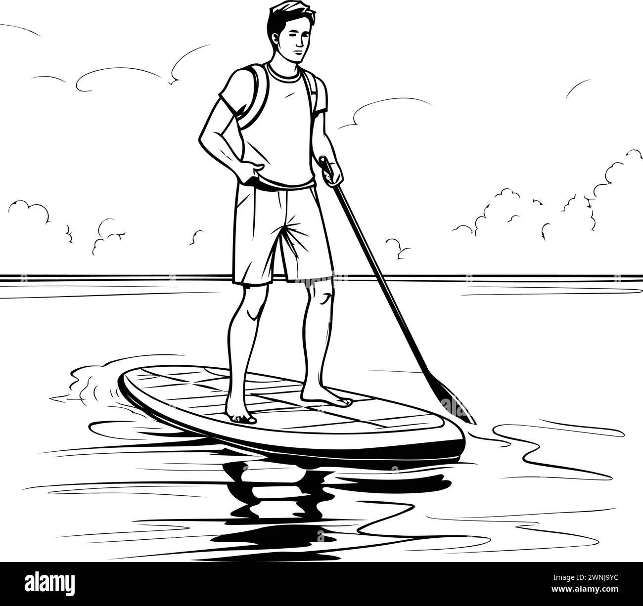 Man on a stand up paddle board. Black and white vector illustration