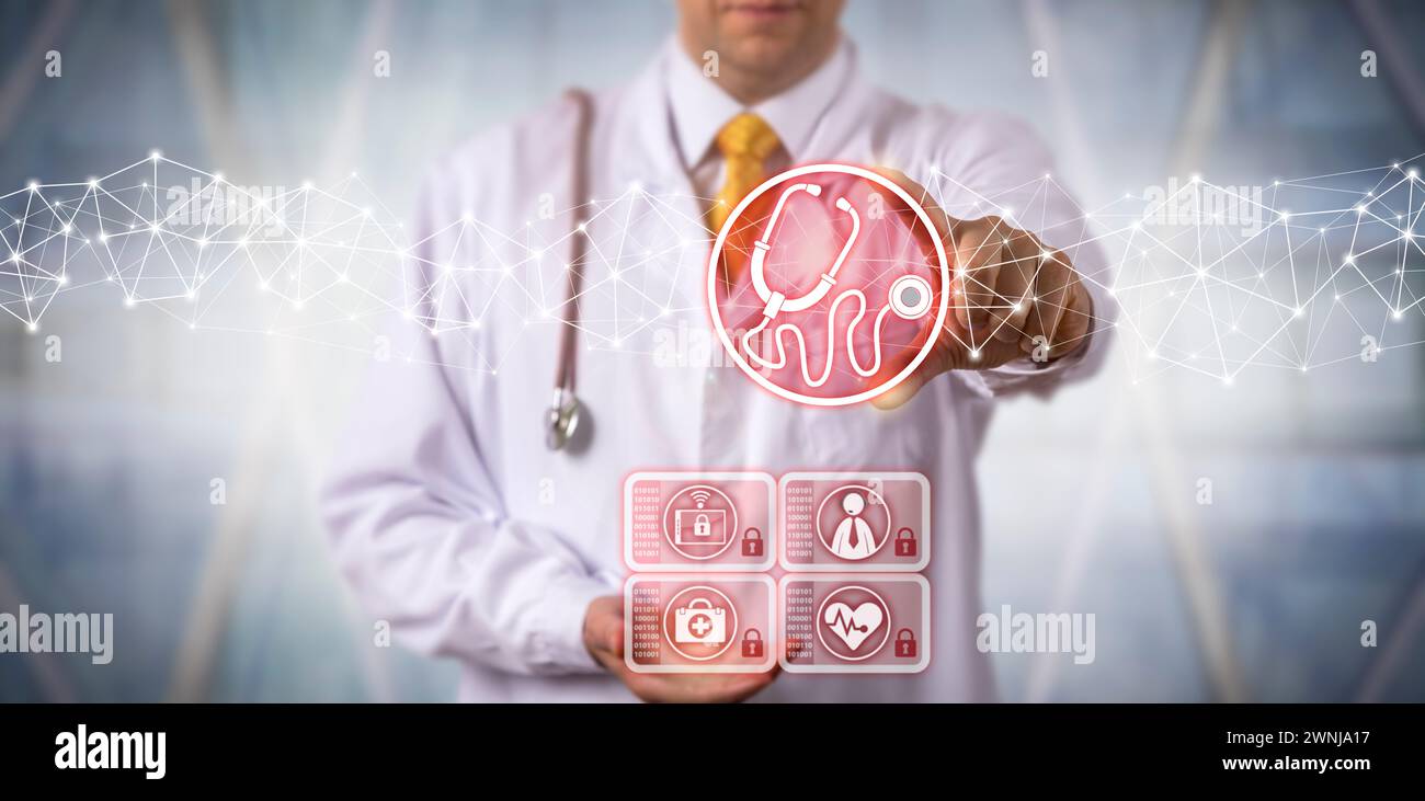 Unrecognizable diagnostician is using a virtual stethoscope in a medical support system. Healthcare concept for telemedicine, investigation and identi Stock Photo