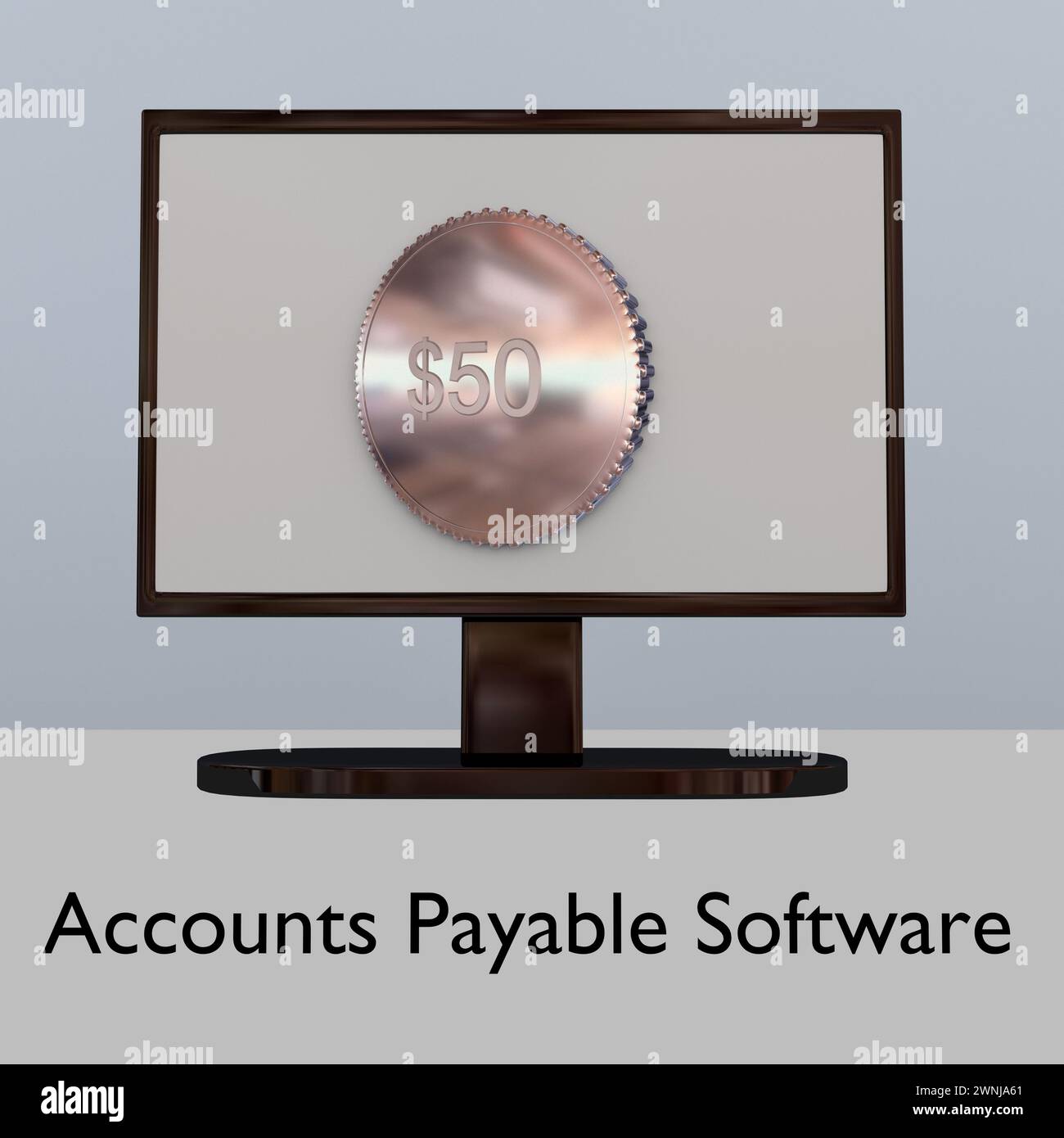 .3D illustration of a $50 coin on pc screen, titled as Accounts Payable Software. Stock Photo