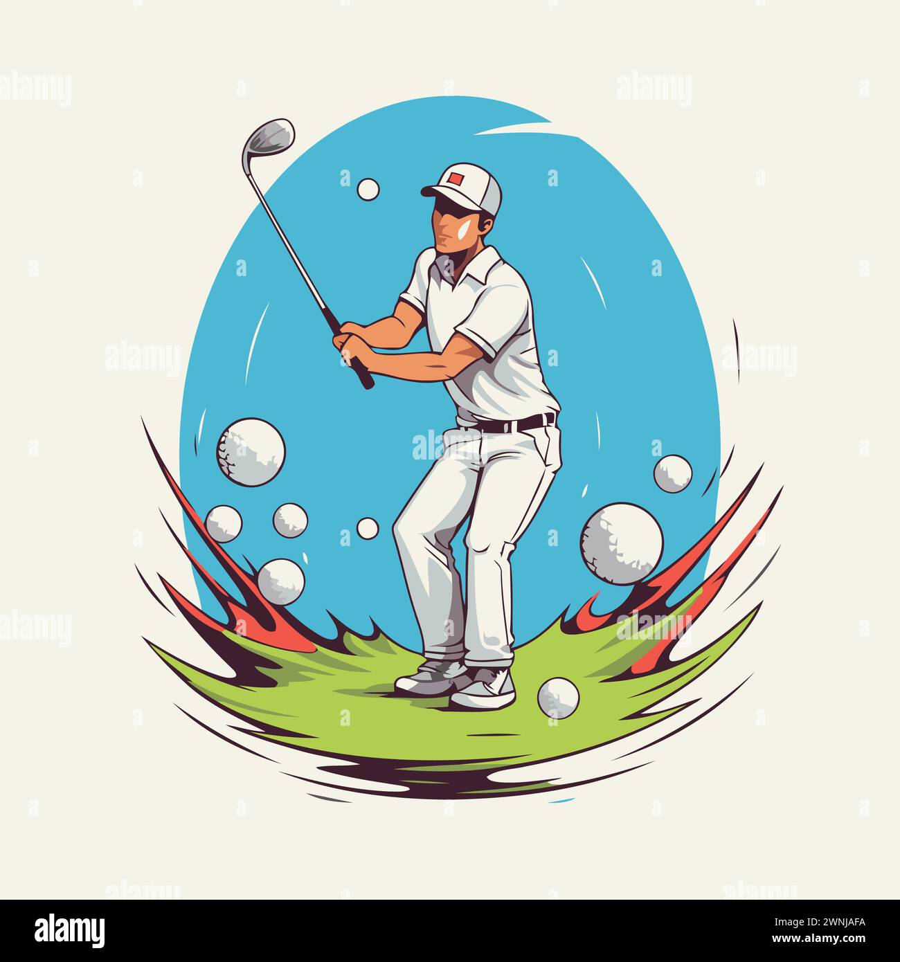 Golf player hits the ball on the green grass. Vector illustration Stock