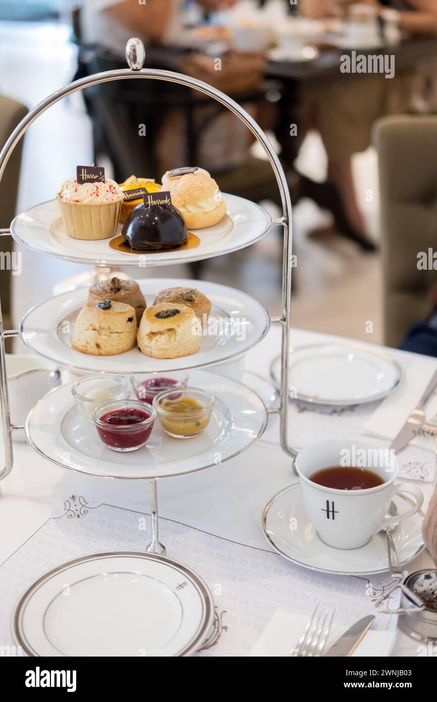 Bangkok, Thailand 4 March 2018: Afternoon tea set at Harrods Tea Room. Harrods is a luxury department store located in London, United Kingdom Stock Photo