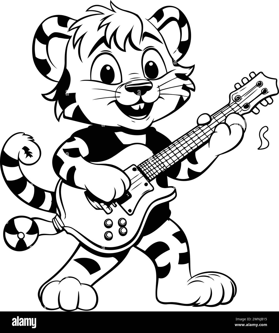 Tiger playing guitar - Black and White Cartoon Illustration. Vector