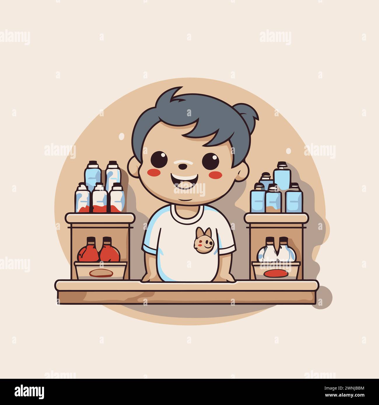 Cute little boy in the pet shop. Vector cartoon illustration. Stock Vector