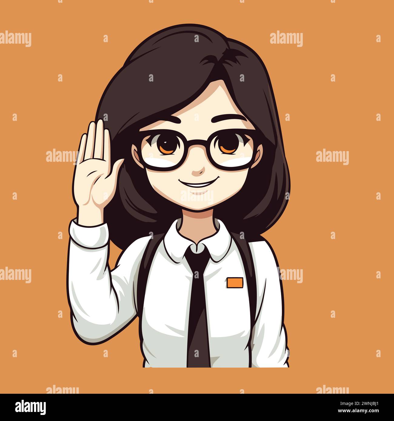 Cute asian schoolgirl with glasses saying hello. Vector illustration. Stock Vector