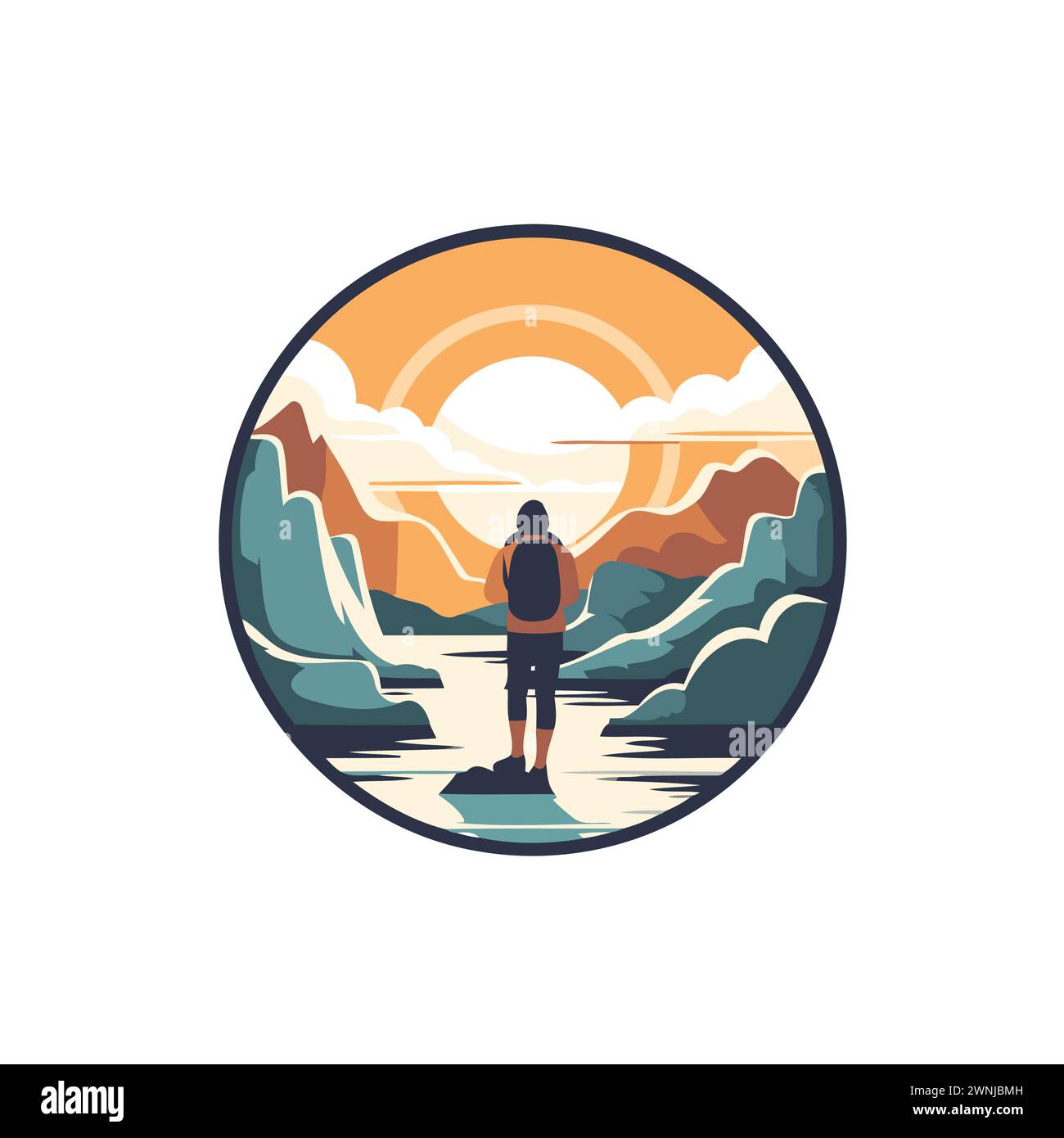 Hike in the mountains. Vector illustration of a man with a backpack standing on the bank of the river and admiring the sunset. Stock Vector