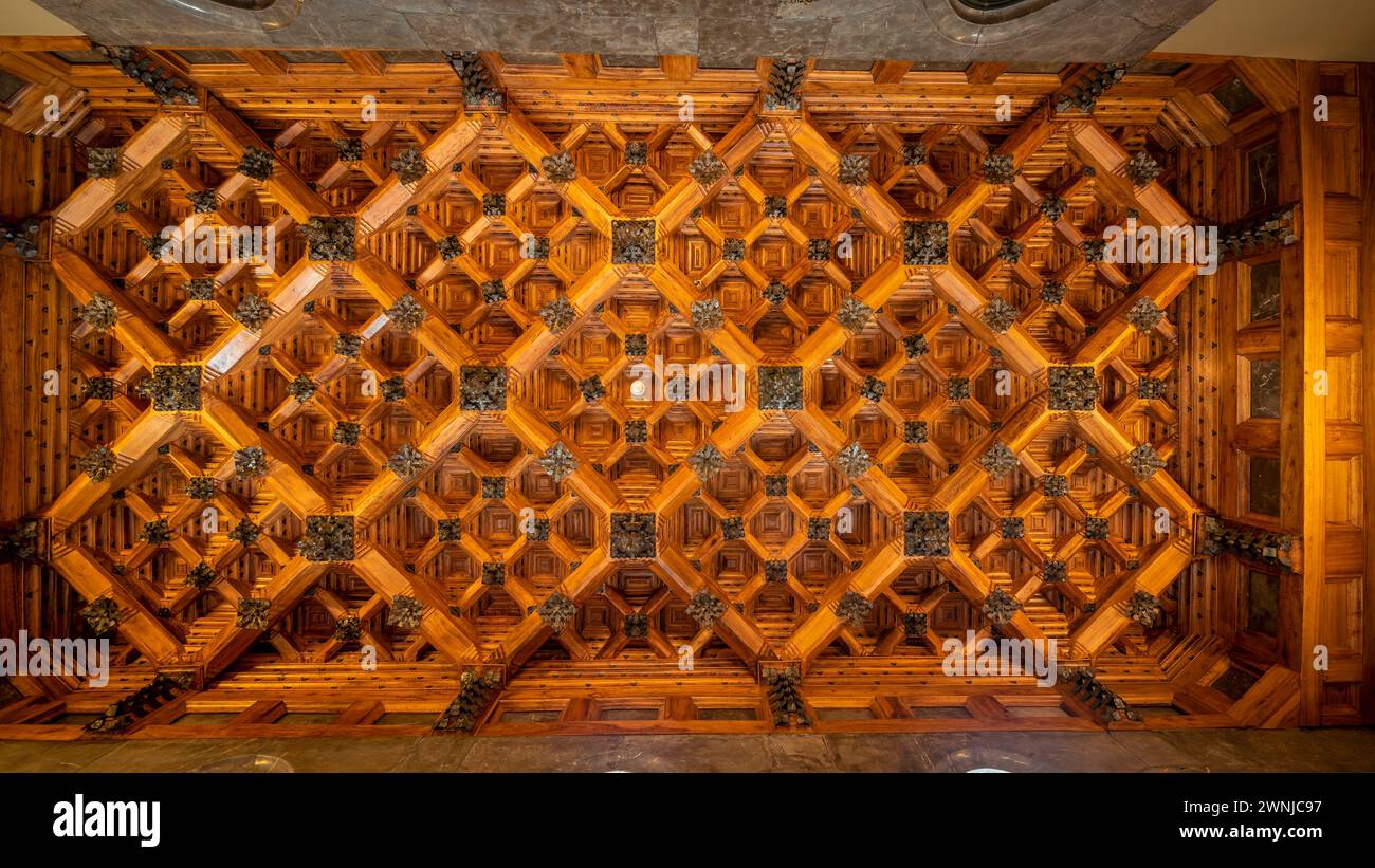 Wooden details on ceiling of the 'lost steps' room of the Palau Güell ...