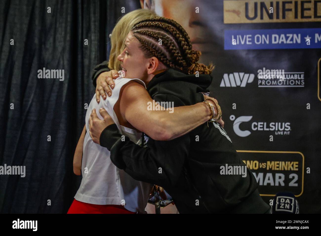 San Juan, Puerto Rico. 02nd Mar, 2024. Boxing: Featherweight, women, world championship fight, Serrano (Puerto Rico) - Meinke (Germany). Nina Meinke hugs Pam Stepnick, mother of Jake Paul, after the canceled fight. Credit: Kendall Torres/dpa/Alamy Live News Stock Photo