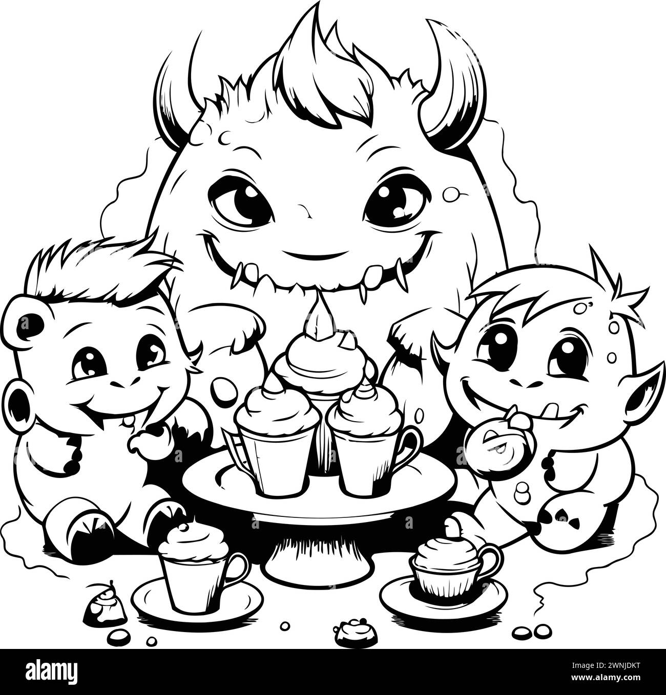 Black and White Cartoon Illustration of Devil and Monsters Eating Cake for Coloring Book Stock Vector