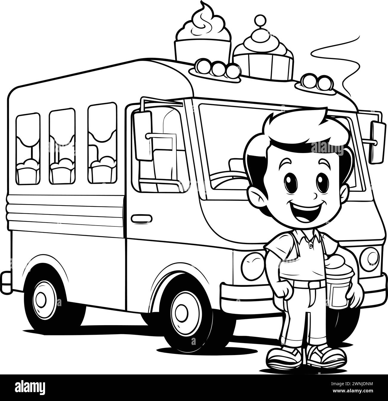 Cute boy with ice cream truck - black and white vector illustration Stock Vector