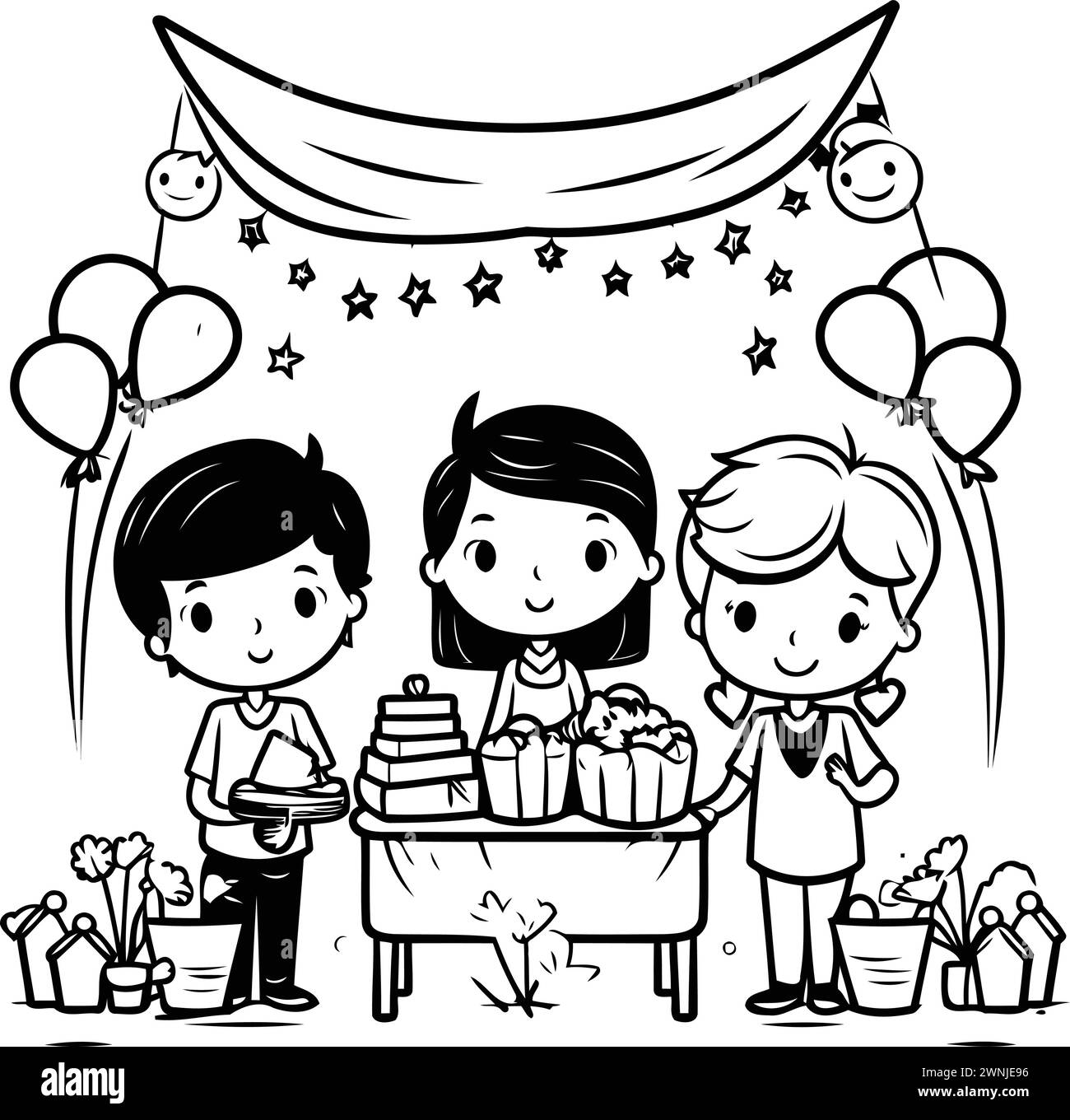 Children at a birthday party. Black and white vector illustration for coloring book. Stock Vector
