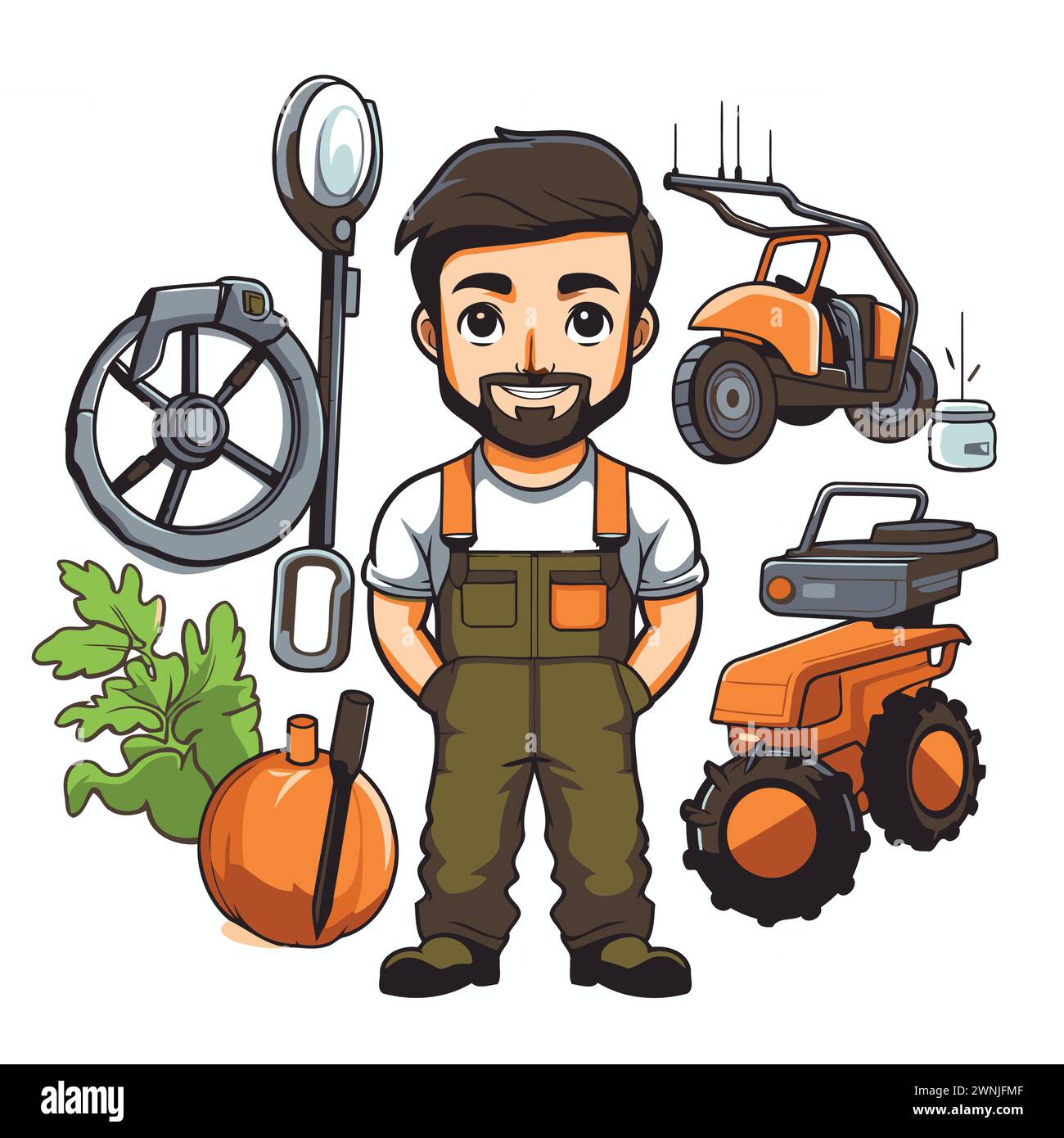 Cartoon farmer with tractor. harvester and pumpkins. Vector
