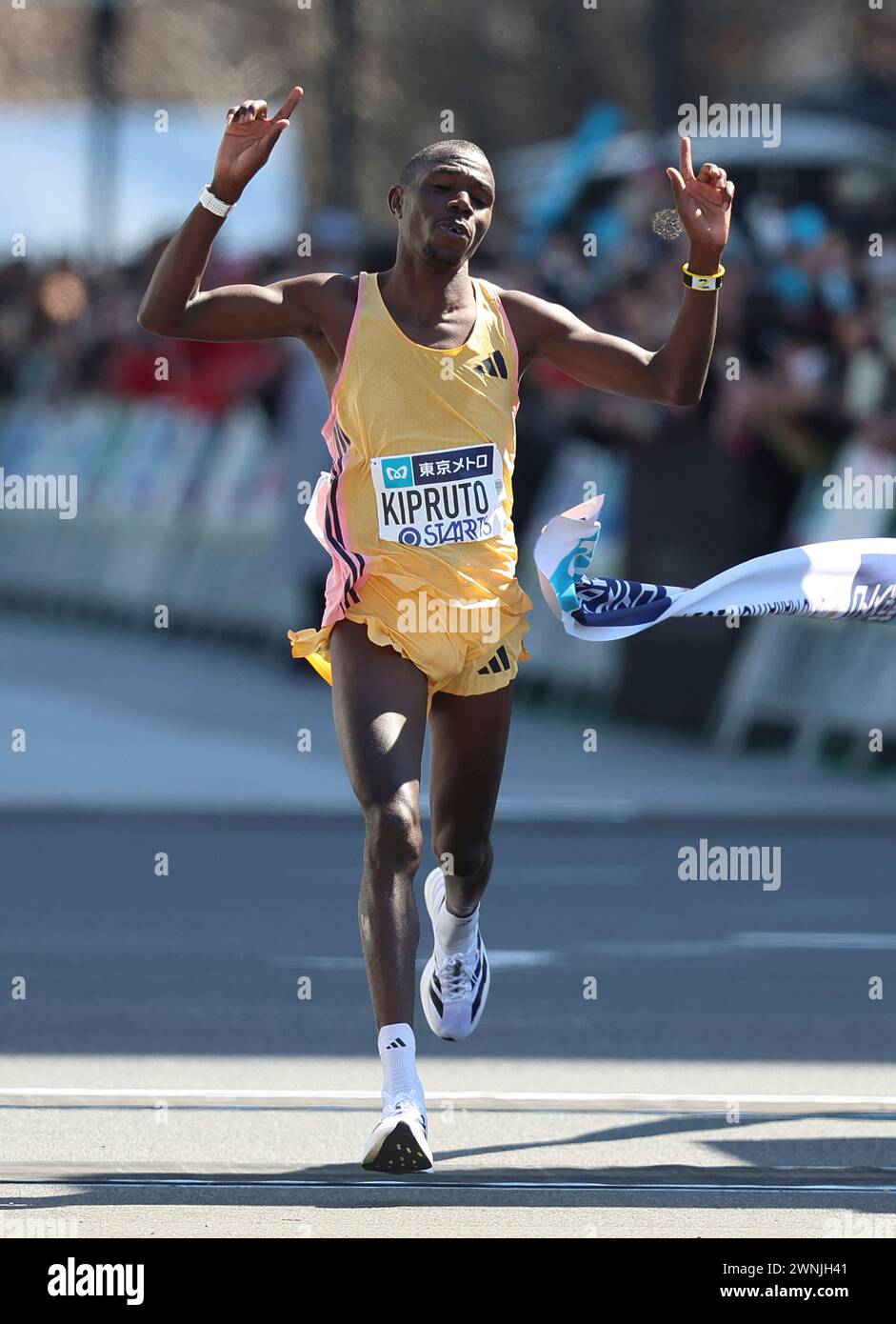 Correction Benson Kipruto of Kenya crosses the finish line during men