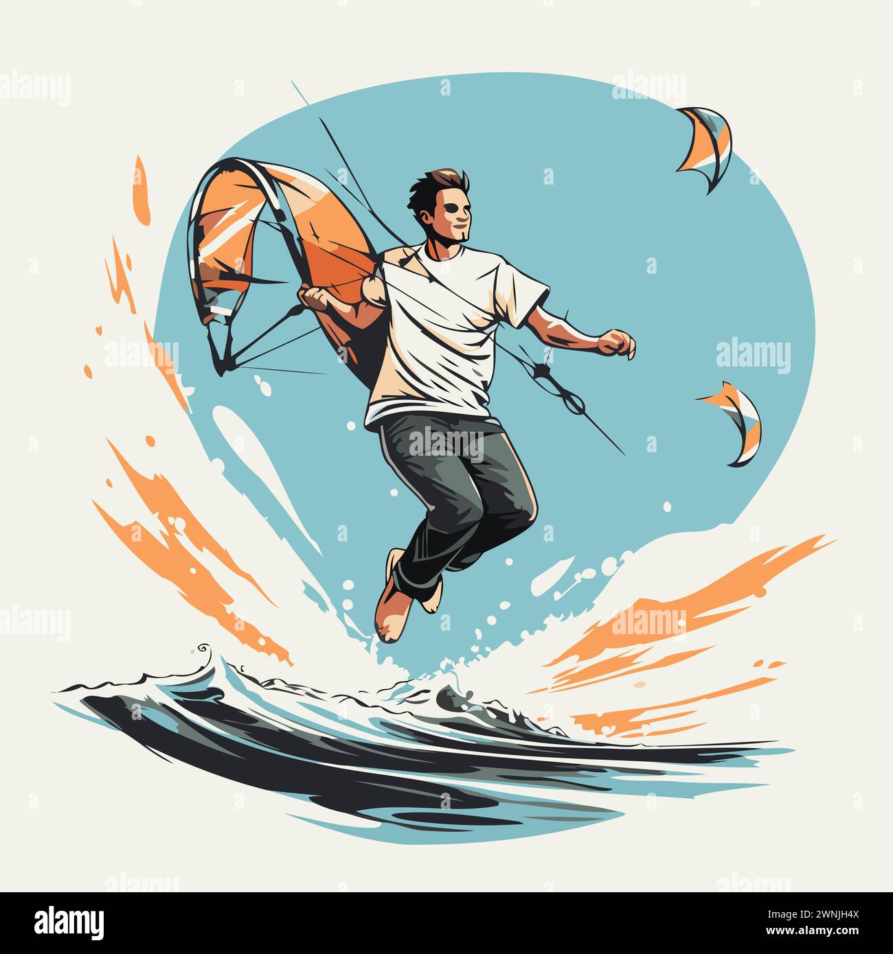 Kitesurfer in action. Vector illustration of kite surfing. Stock Vector