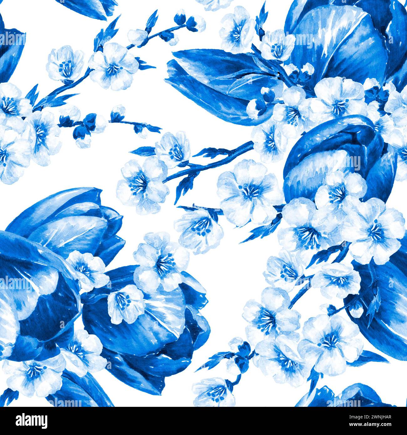 Blue tulips and spring flowers., Hand drawn watercolor seamless pattern ...