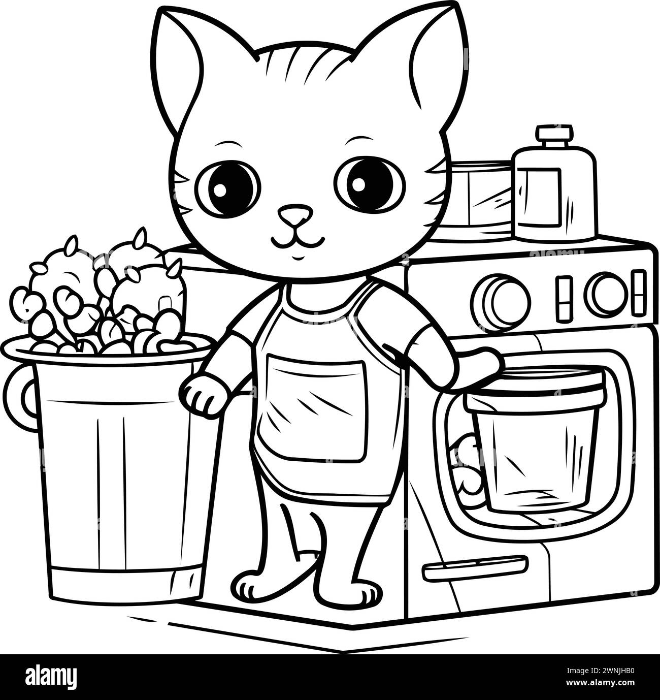 Black and White Cartoon Illustration of Cat with Laundry Equipment for Coloring Book Stock Vector
