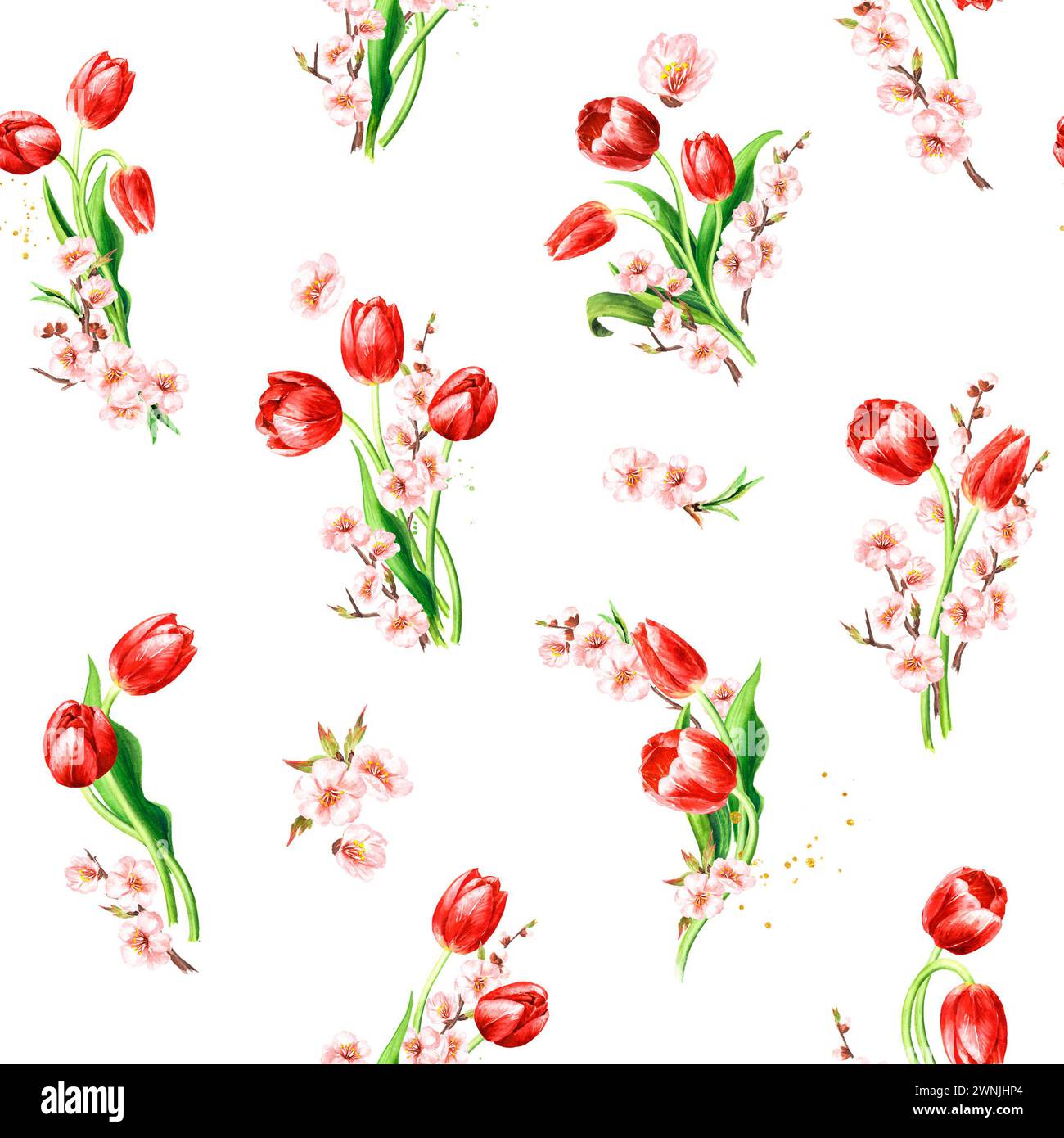 Red tulips and spring flowers, Hand drawn watercolor seamless pattern ...