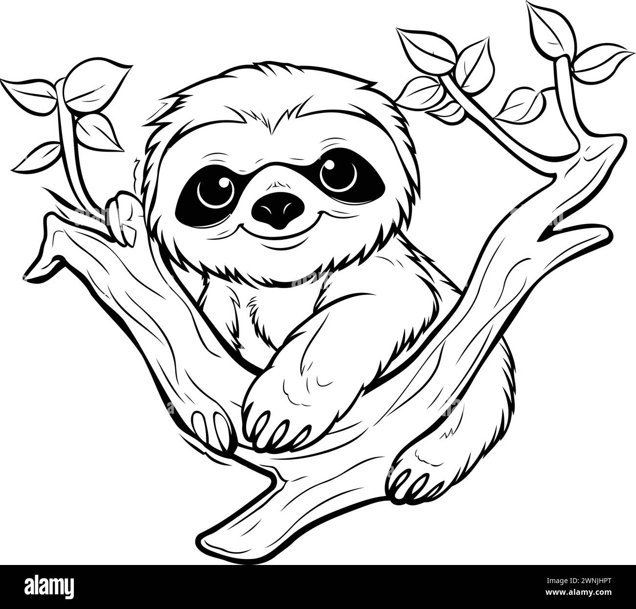 Cute cartoon sloth sitting on tree branch. Vector illustration Stock