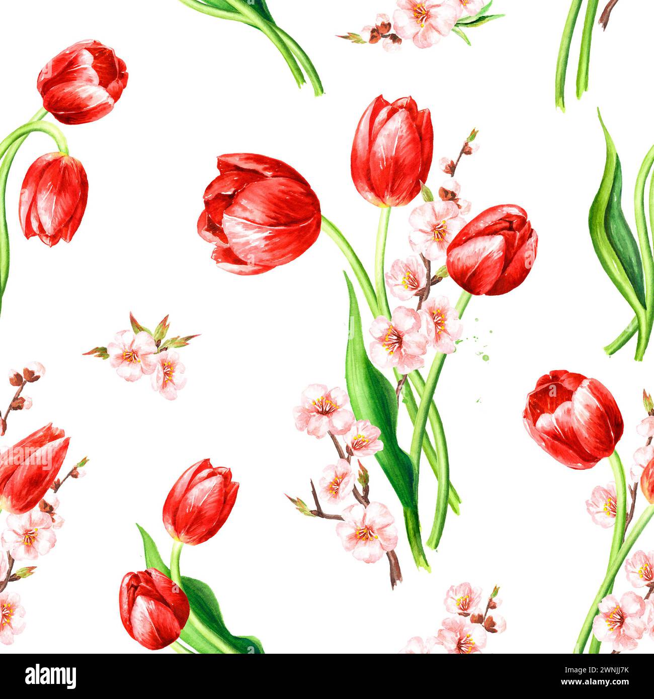 Red tulips and spring flowers. Hand drawn watercolor seamless pattern ...