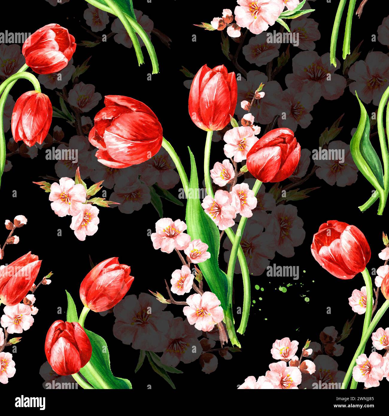Red tulips and spring flowers. Hand drawn watercolor seamless pattern ...