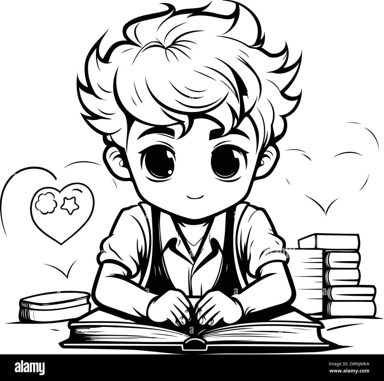 Boy Studying - Black and White Cartoon Illustration. Vector Art Stock