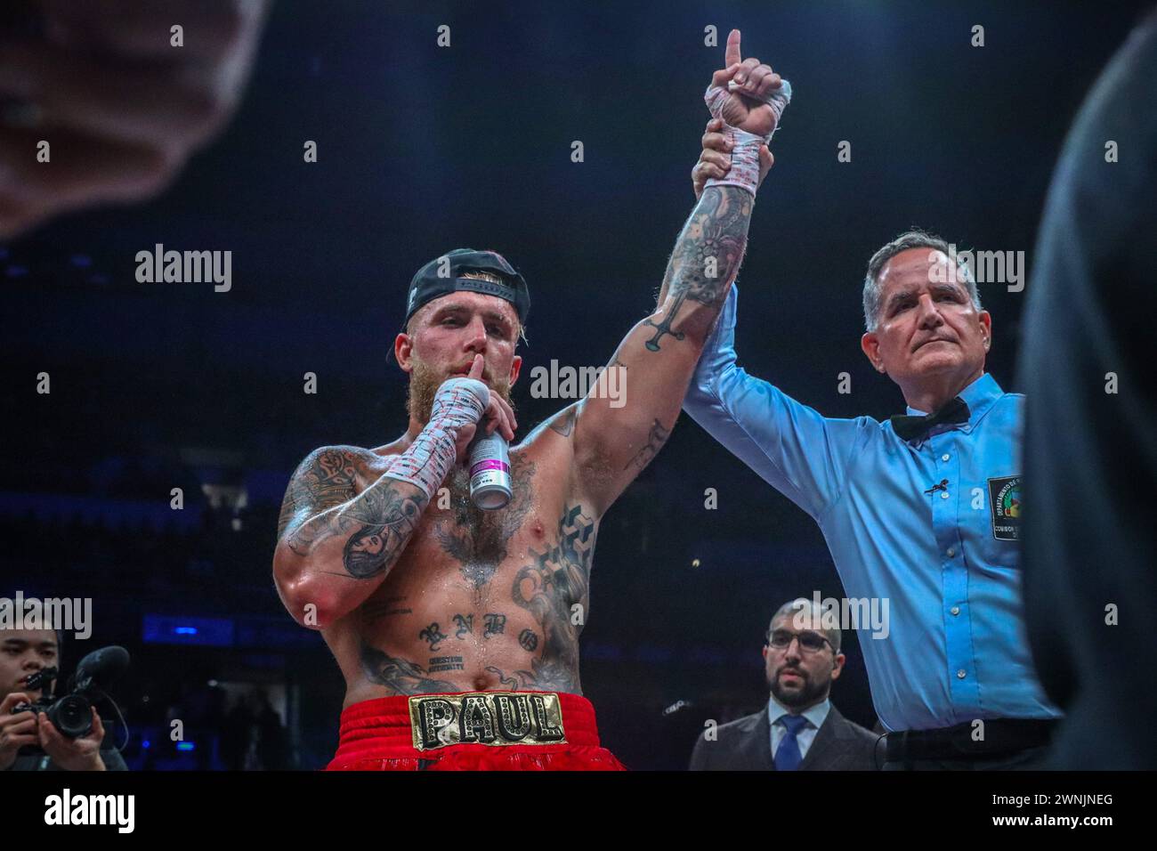San Juan, Puerto Rico. 02nd Mar, 2024. Boxing: Cruiserweight, men, Paul (USA) - Bourland (USA). Jake Paul 8m9 celebrates after his victory. Credit: Kendall Torres/dpa/Alamy Live News Stock Photo